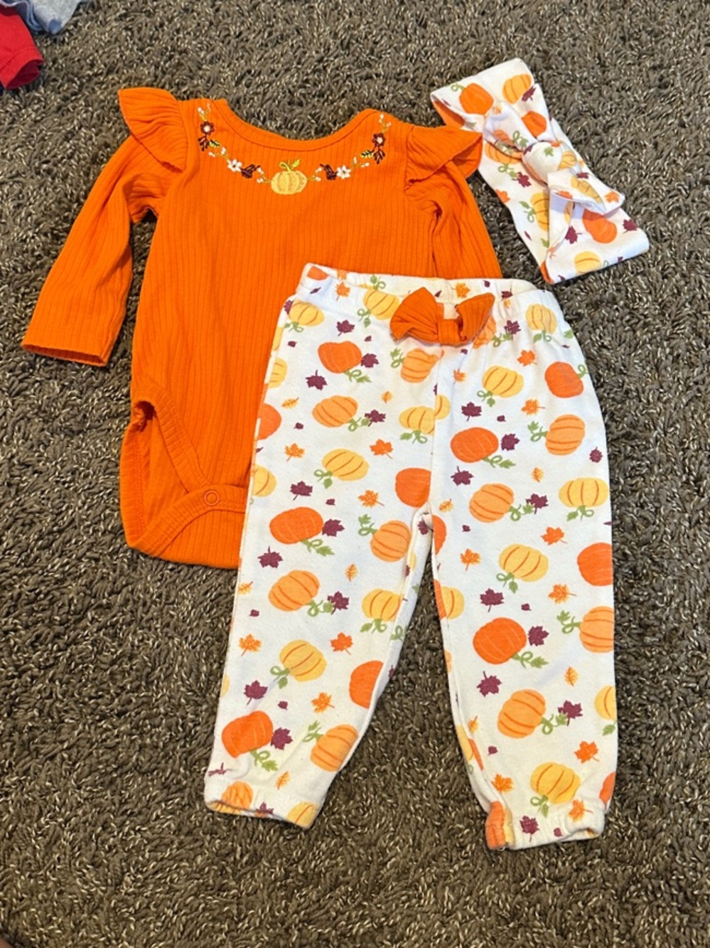Baby Essentials Orange Pumpkin Set with Printed Pants & Headband
